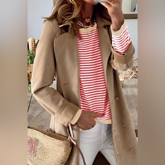 Cream, Coral Red & White Striped Round Neck Drop Shoulder T-Shirt​ - Picture 3 of 3